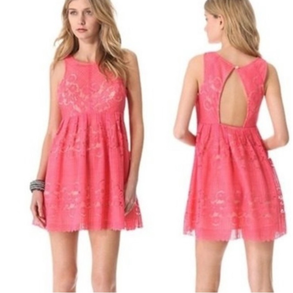 Free People Rocco Cutout Coral Lace Overlay Fit N Flare Dress, 6